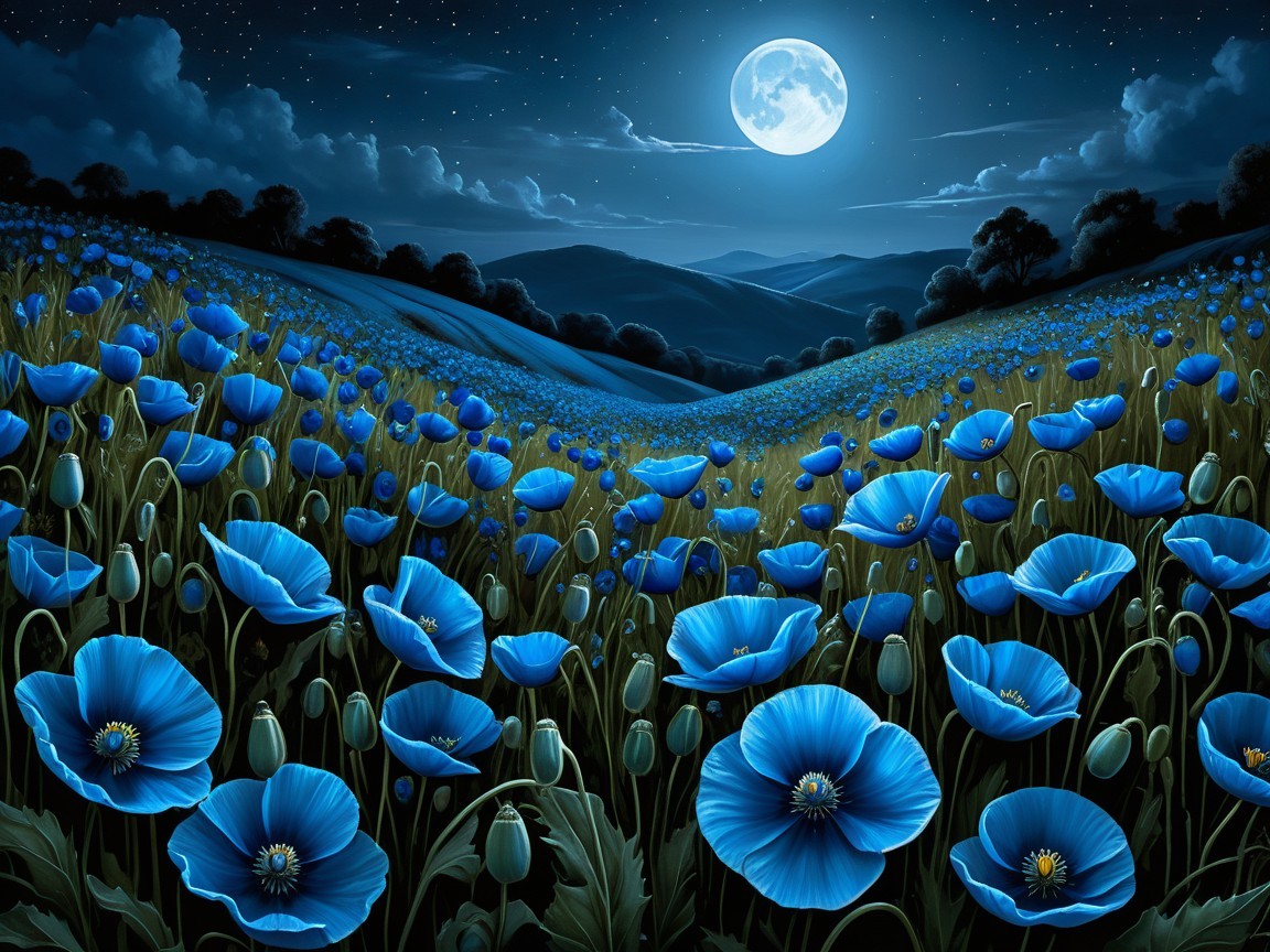 Serene Landscape with Blue Flowers and Full Moon