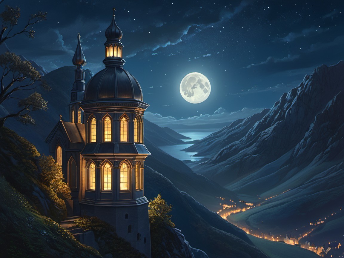 Full Moon Over a Tower on a Mountainous Landscape