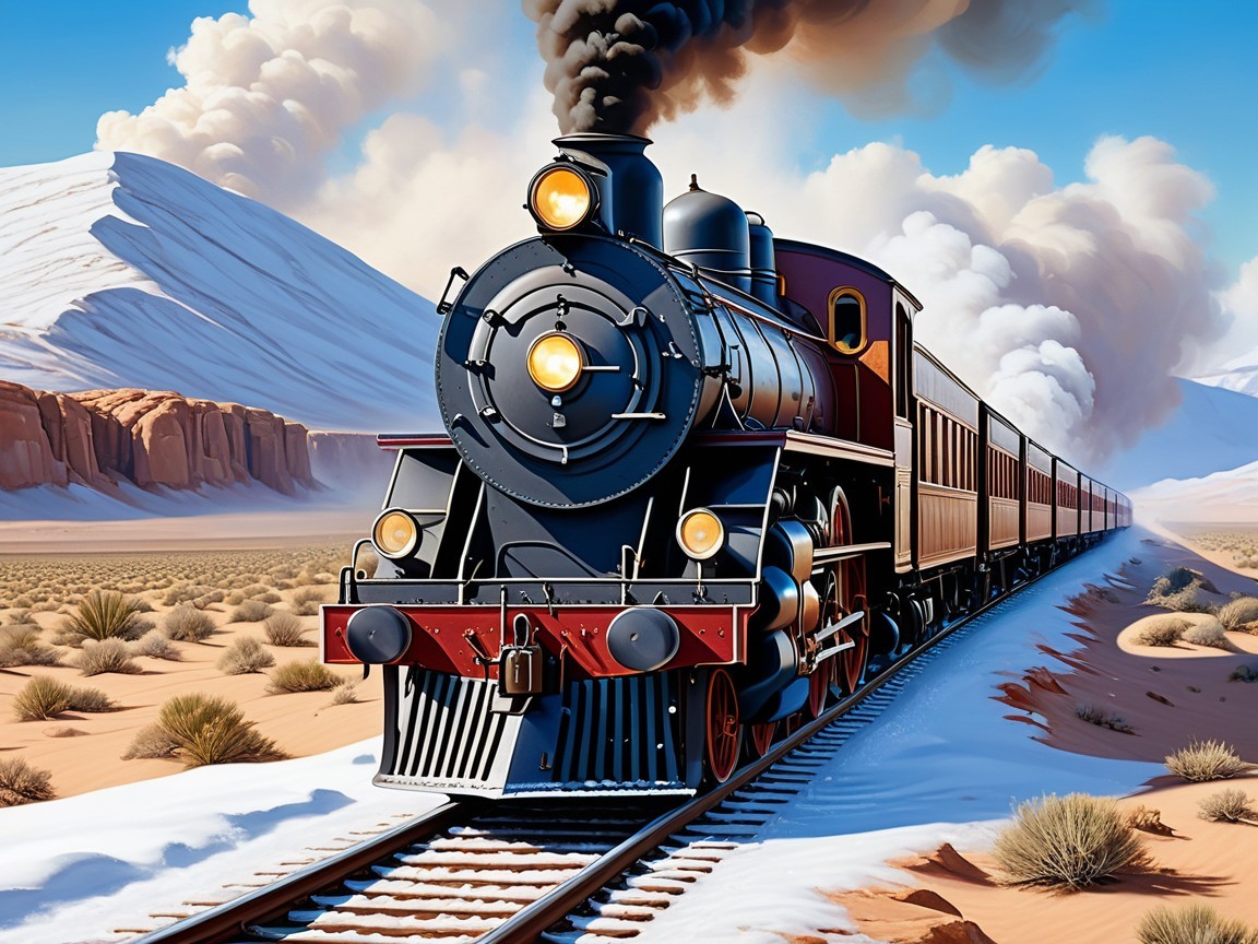 Classic Steam Locomotive in Scenic Desert Landscape