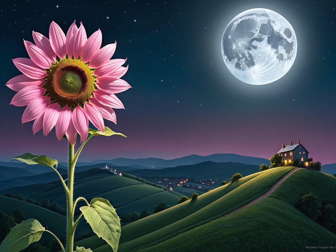 Pink Sunflower in Serene Night Landscape with Moonlight
