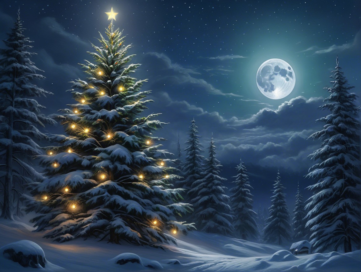Decorated Christmas Tree in a Winter Night Scene