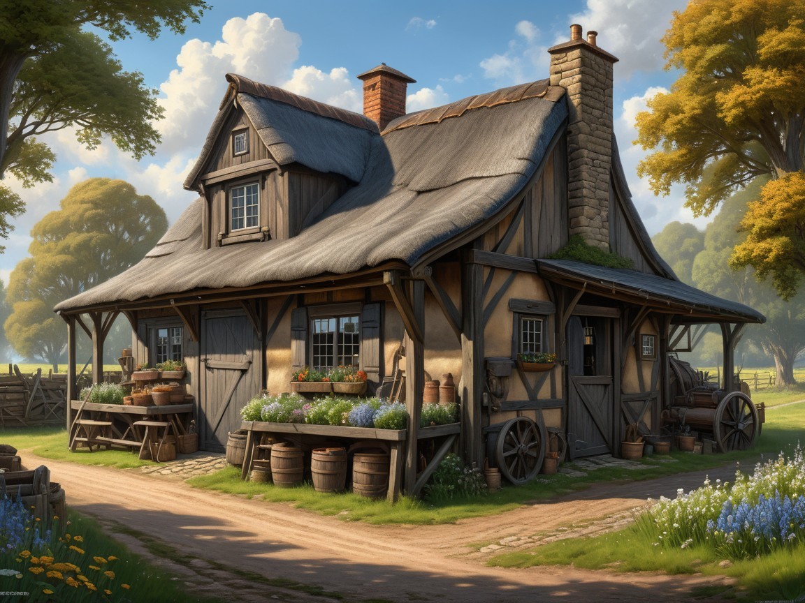 Charming countryside cottage with thatched roof and flowers
