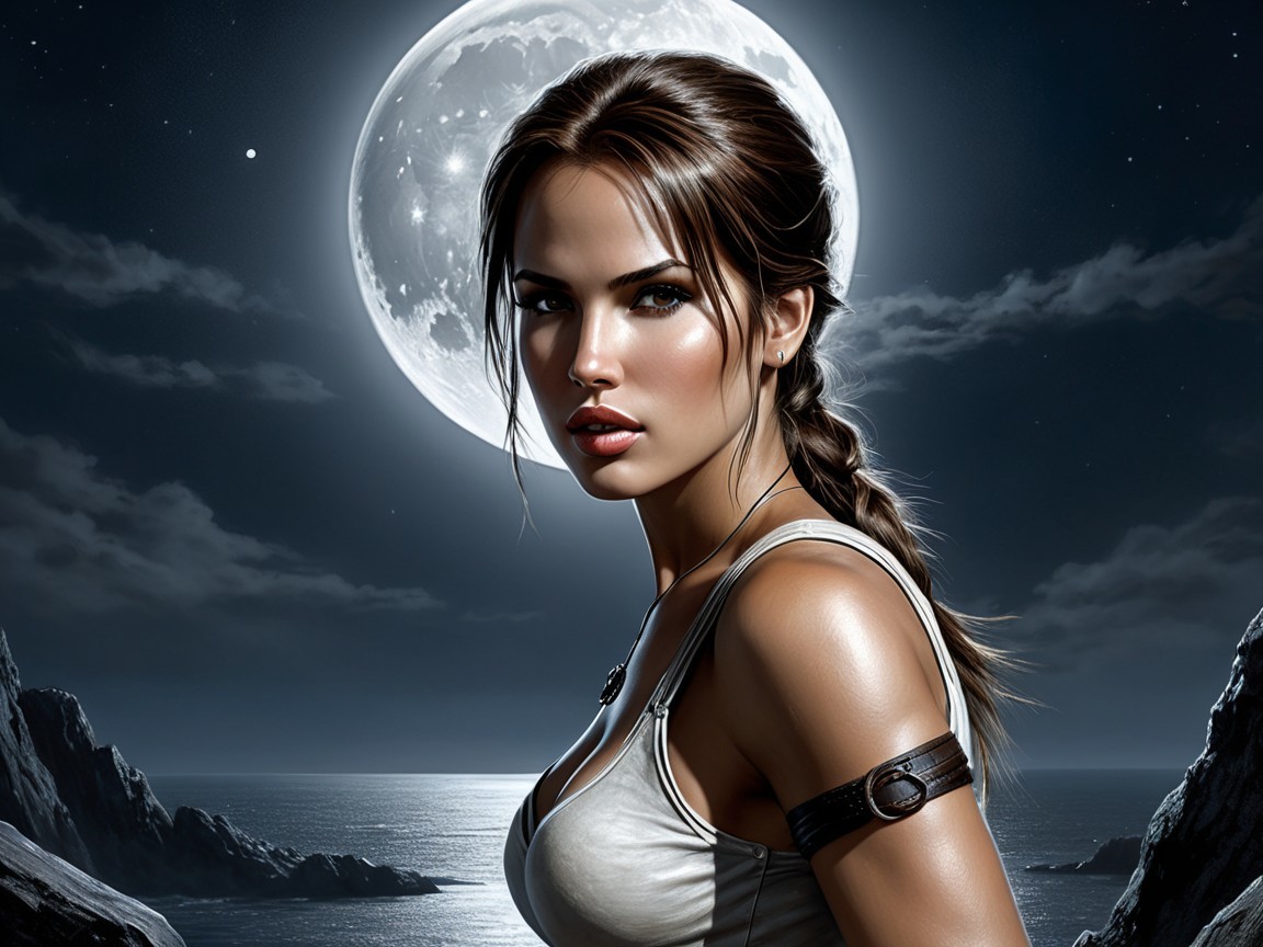 Young woman stands against moonlit ocean backdrop