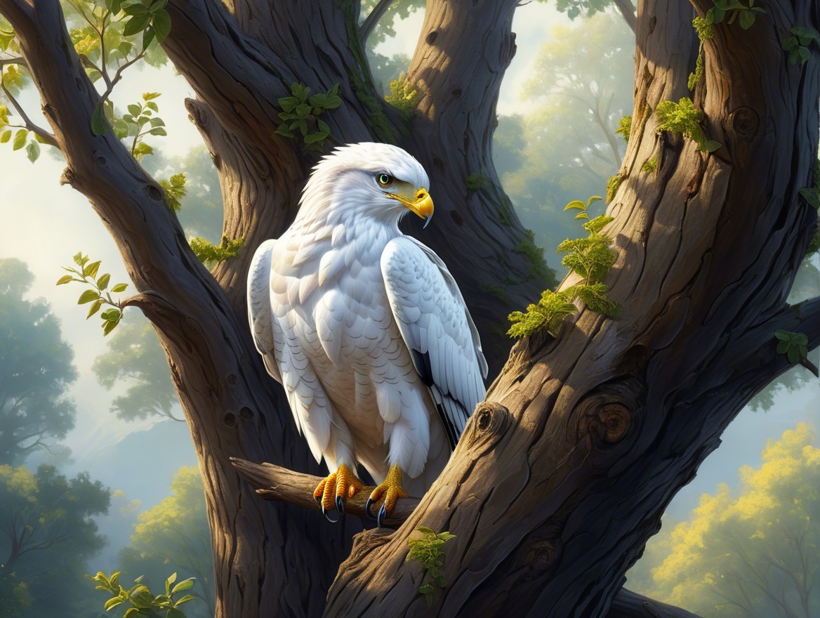 White Eagle on a Gnarled Tree Branch in Greenery