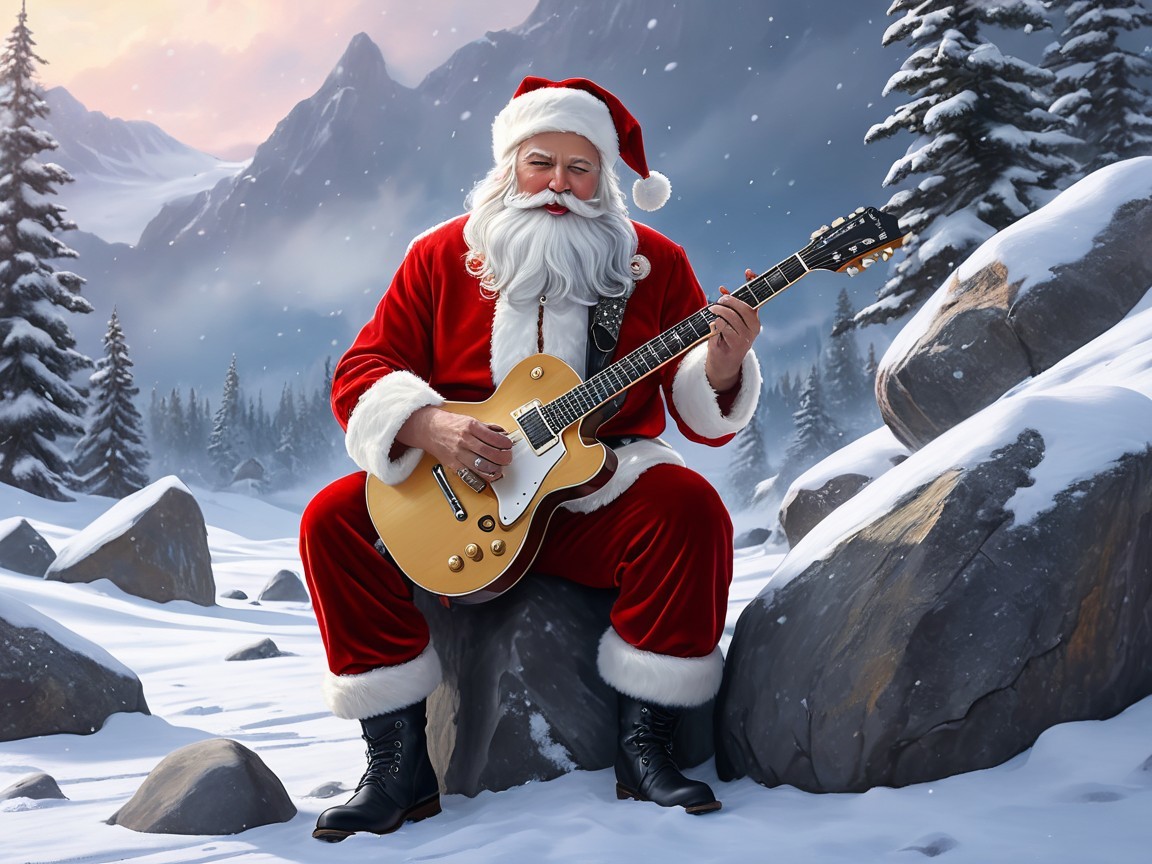 Santa Claus Playing Electric Guitar in Snowy Landscape