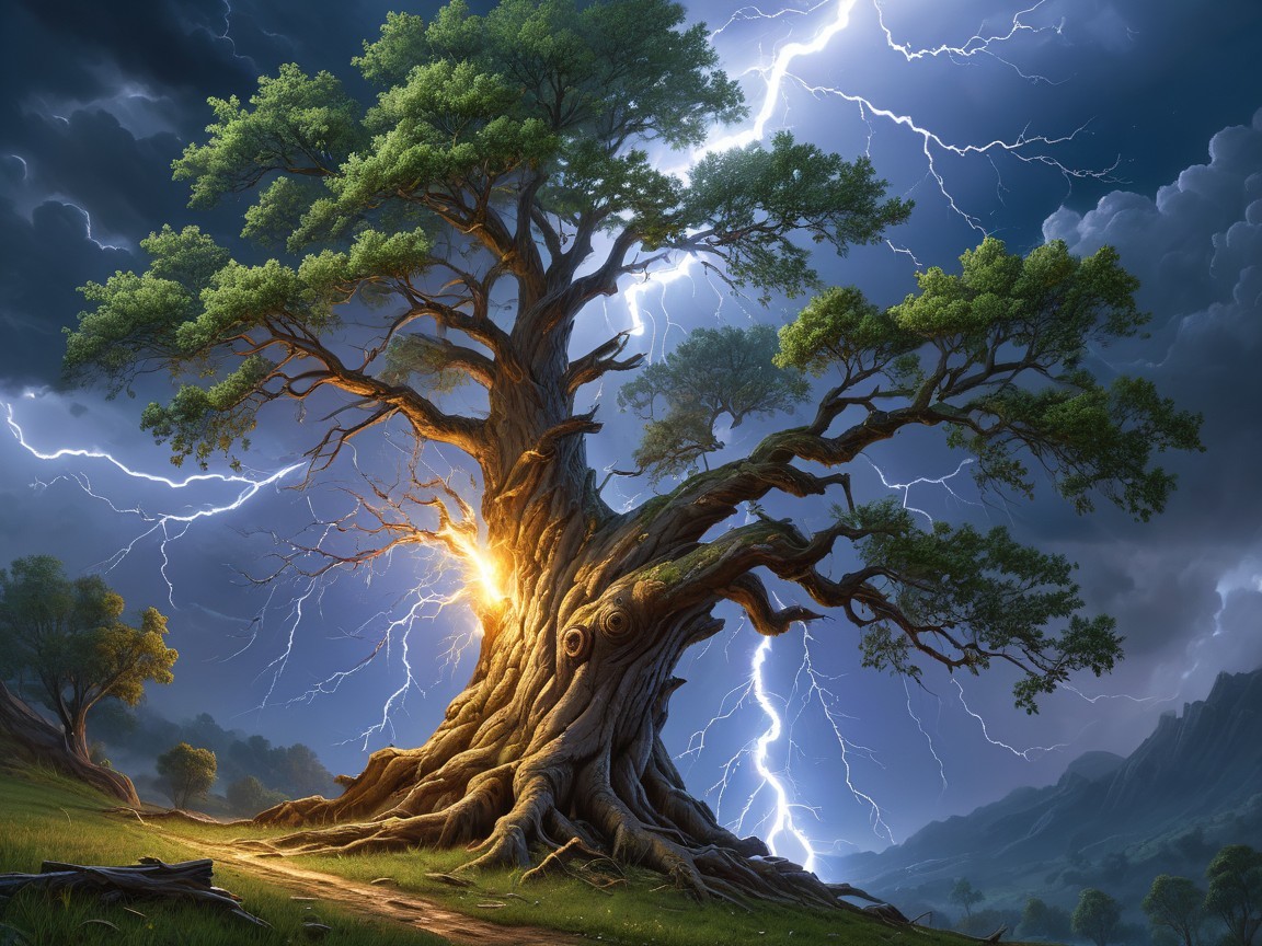 Majestic Tree in Stormy Landscape with Lightning