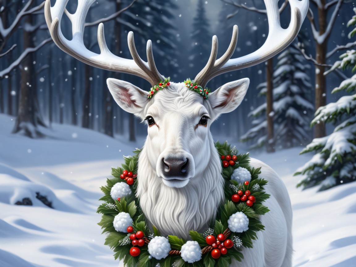White Reindeer in Winter Forest with Festive Wreath