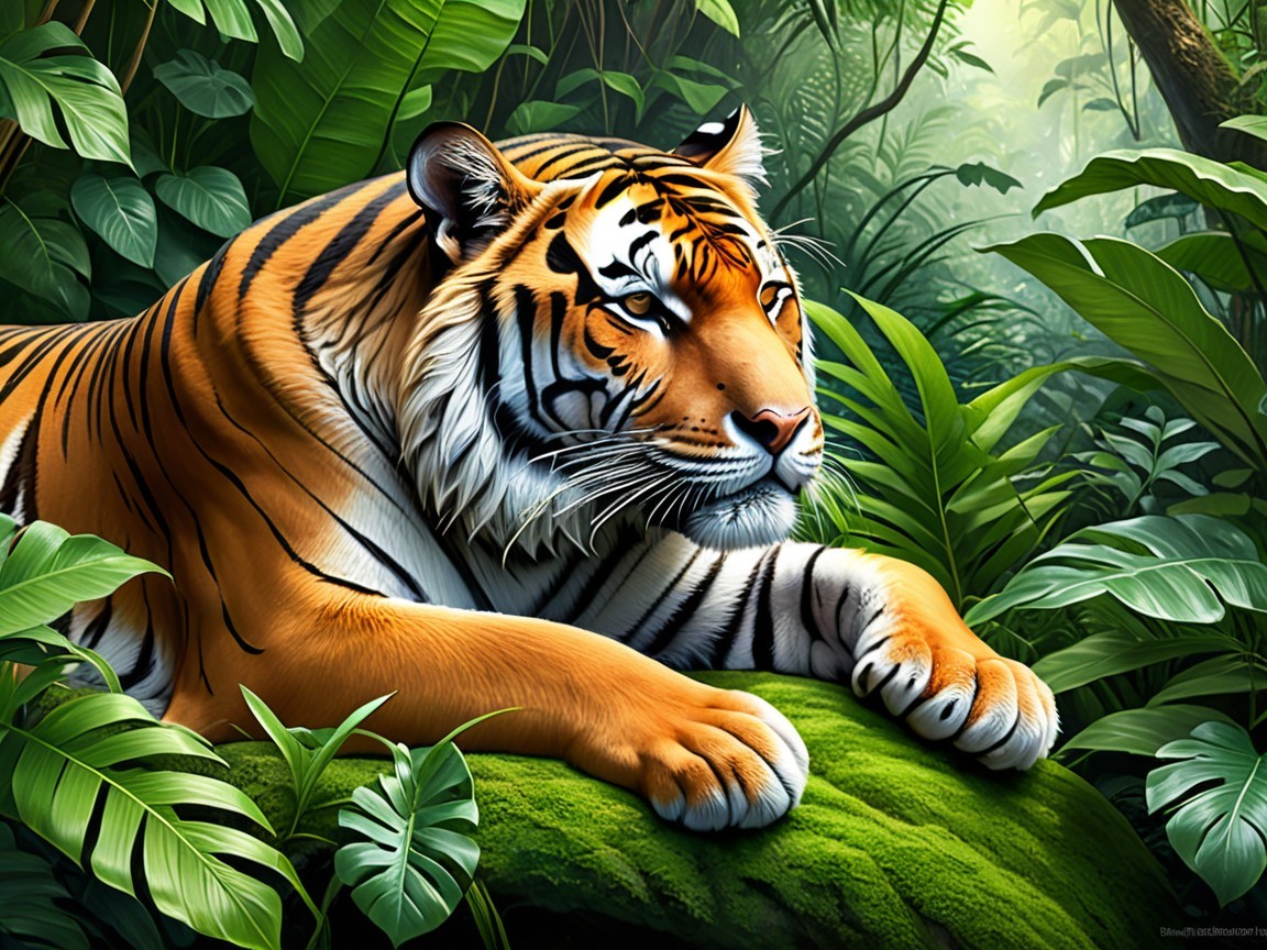 Tiger Resting on Mossy Rock in Lush Greenery