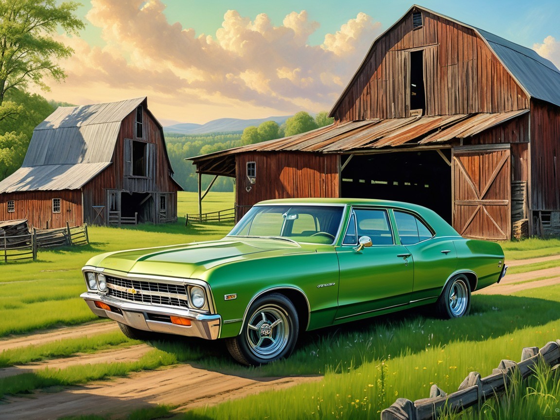 Classic Green Sedan by Red Barn in Pastoral Setting