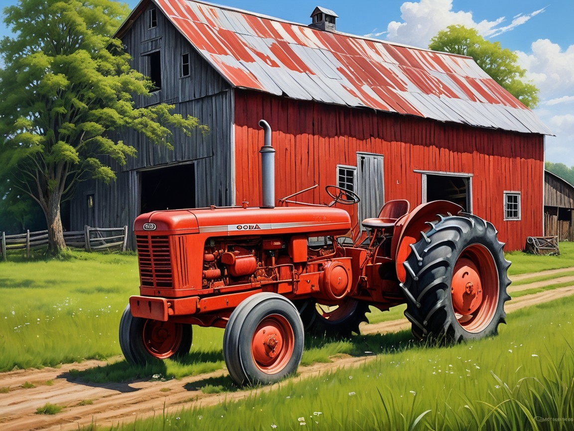 Vibrant Red Tractor by Rustic Barn in Idyllic Setting