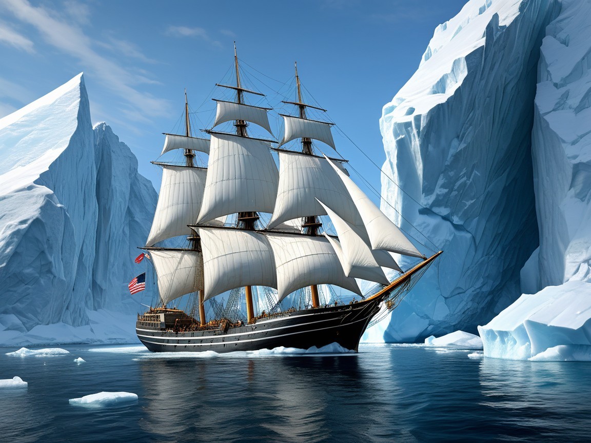 Tall Ship in Icy Waters Surrounded by Glaciers