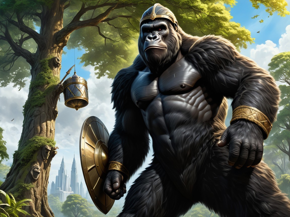 Armored Gorilla in Jungle with City Skyline Background