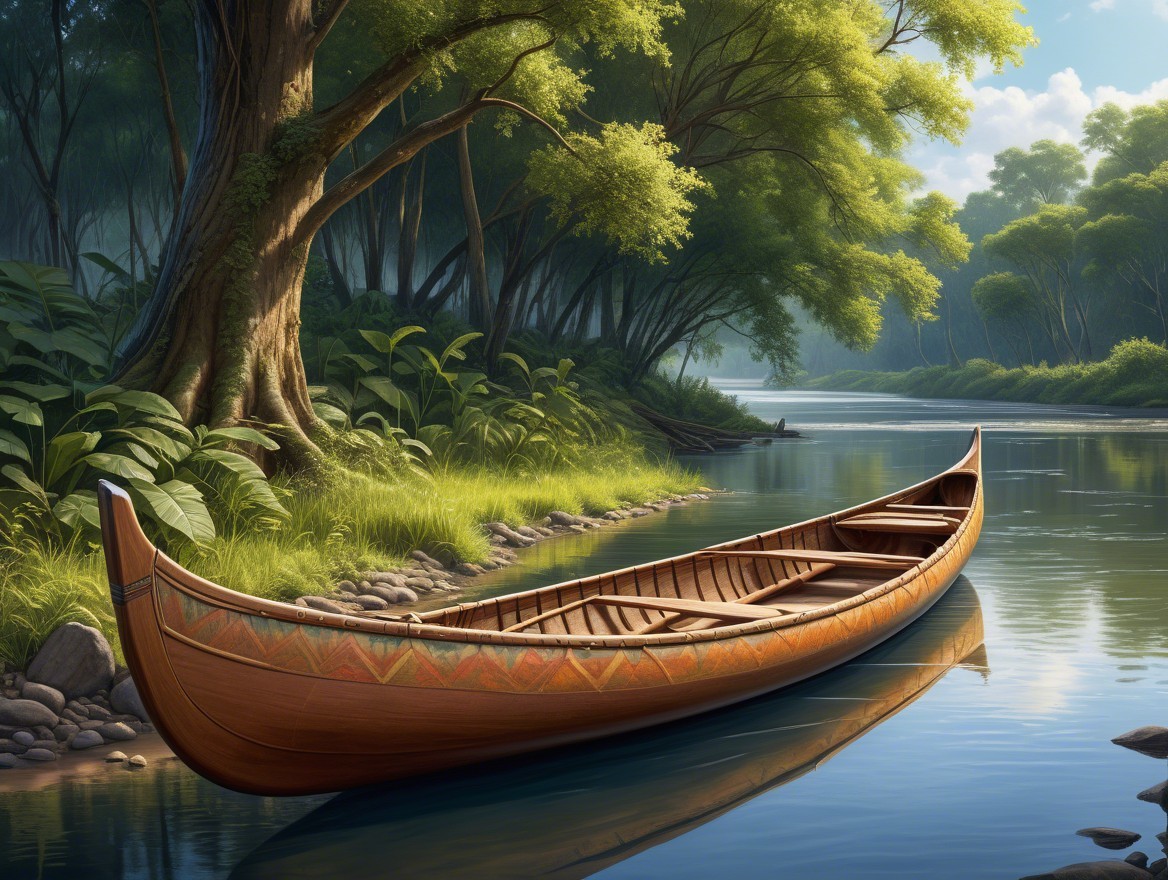 Wooden Canoe on Serene River Surrounded by Nature