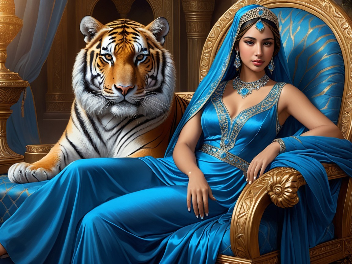 Regal Woman in Blue Gown on Golden Throne with Tiger
