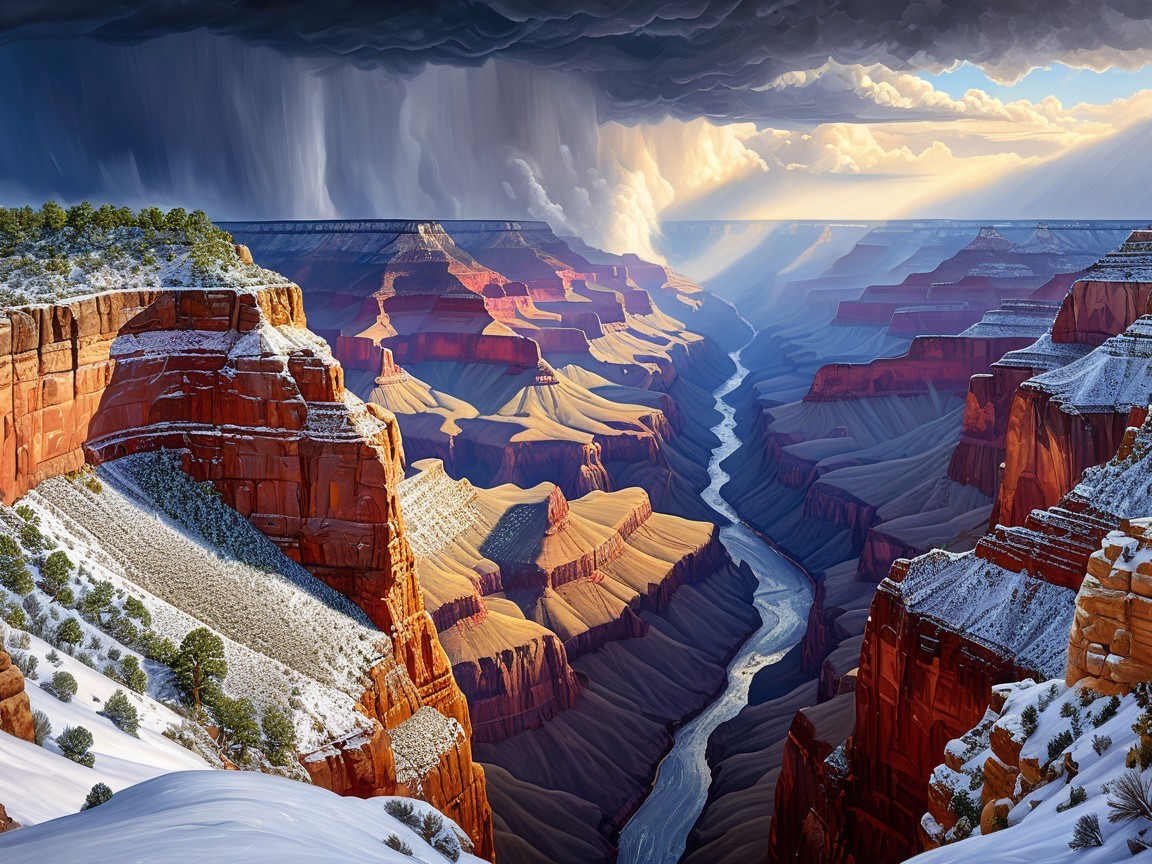 Grand Canyon with Red Rocks and Snowy Landscape