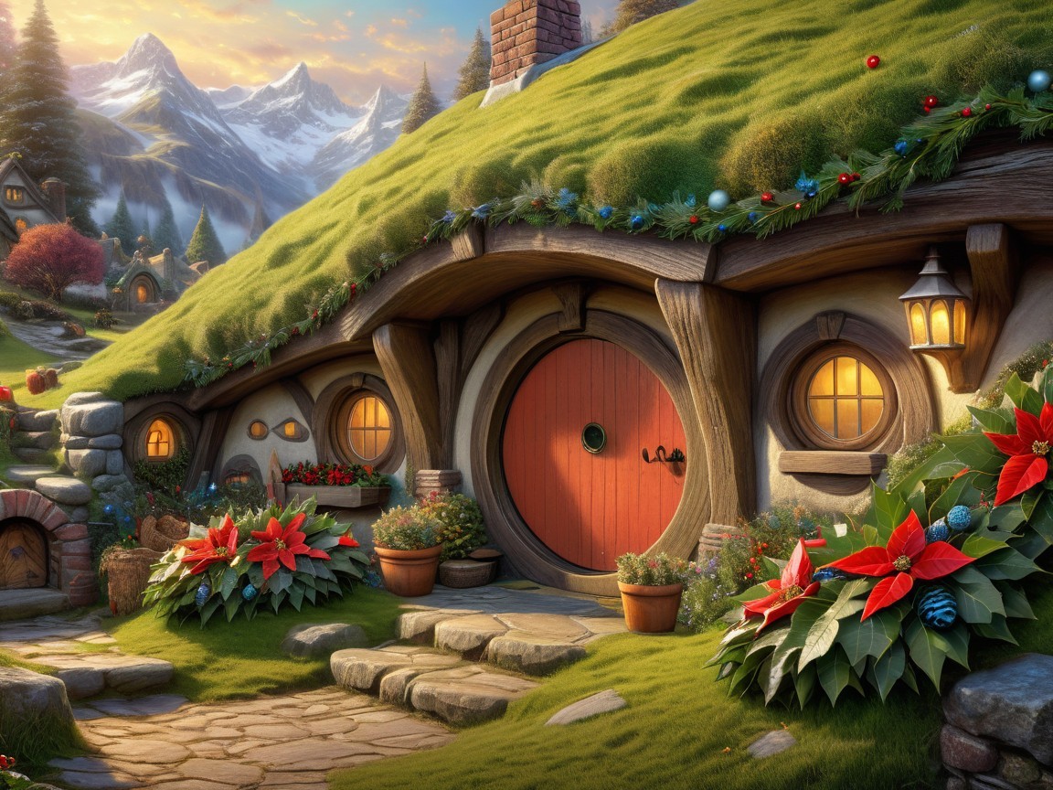 Hobbit-style home in a vibrant, lush landscape