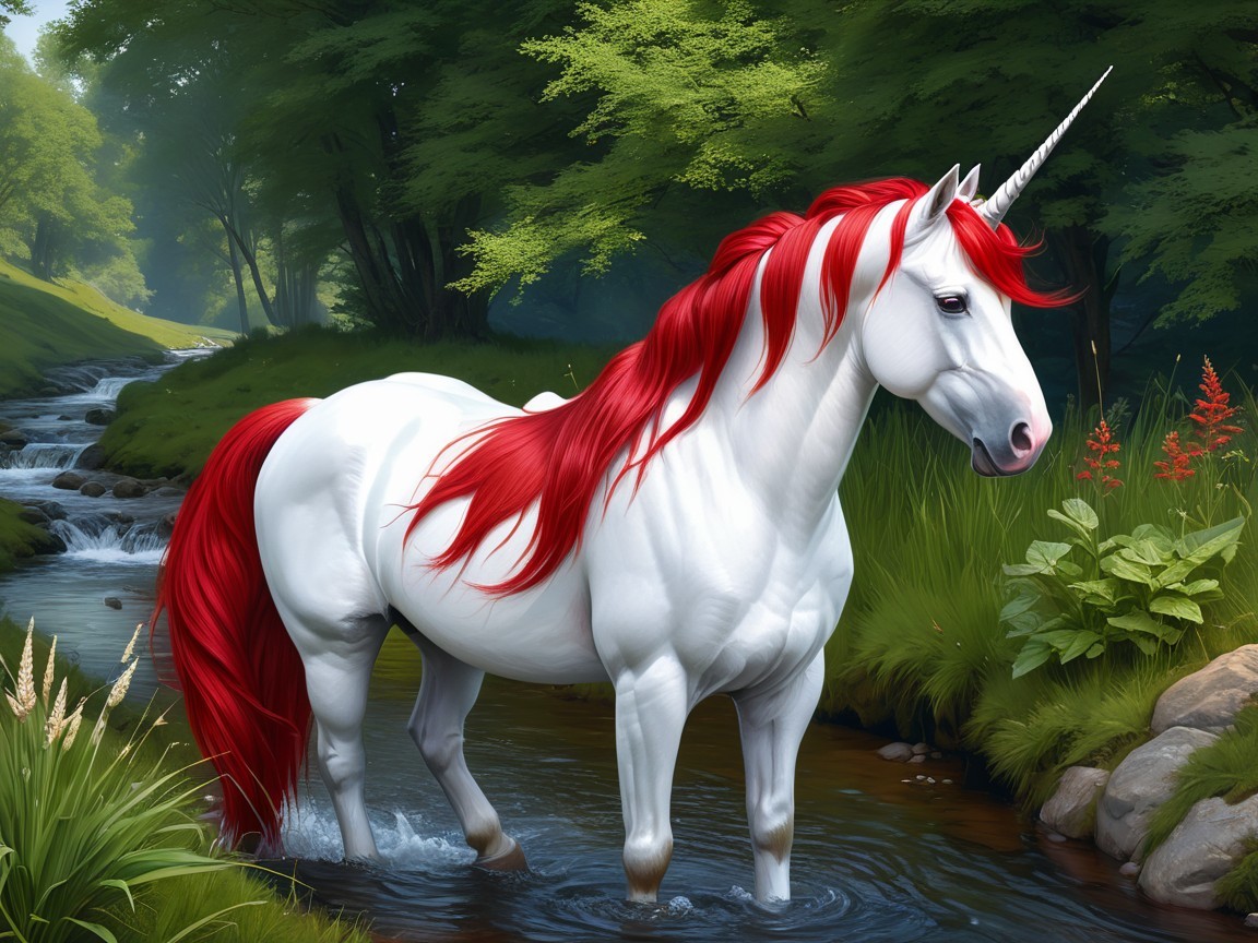 White Unicorn with Red Mane in Lush Forest Stream