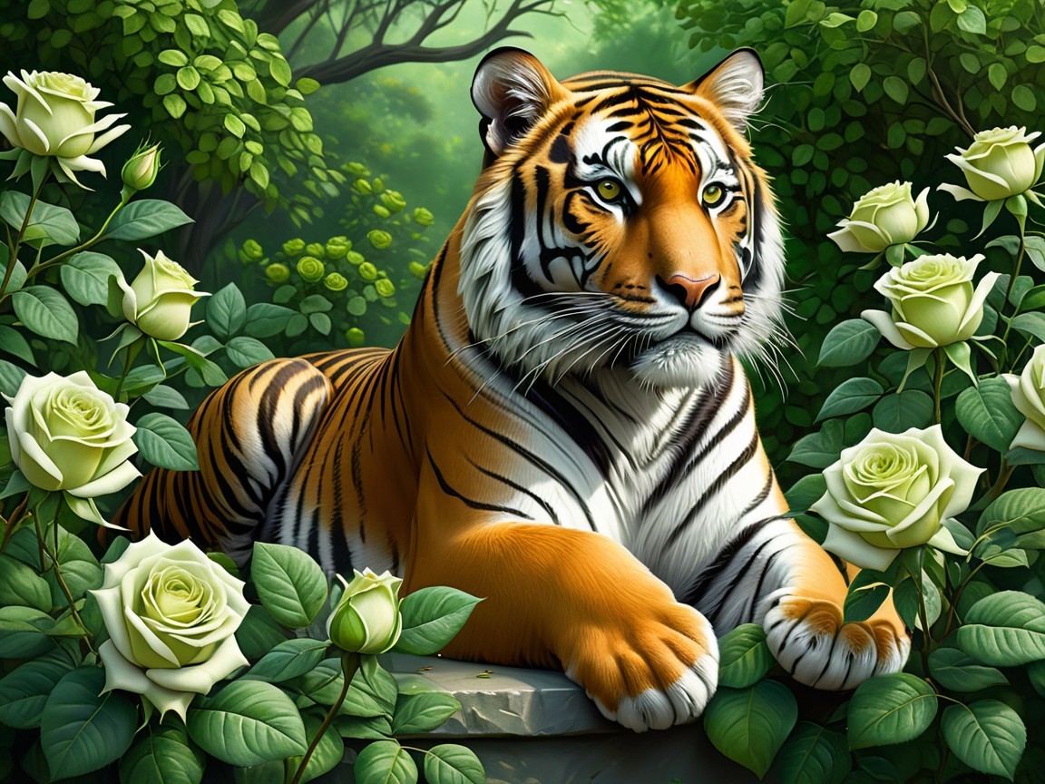Majestic tiger resting among greenery and white roses