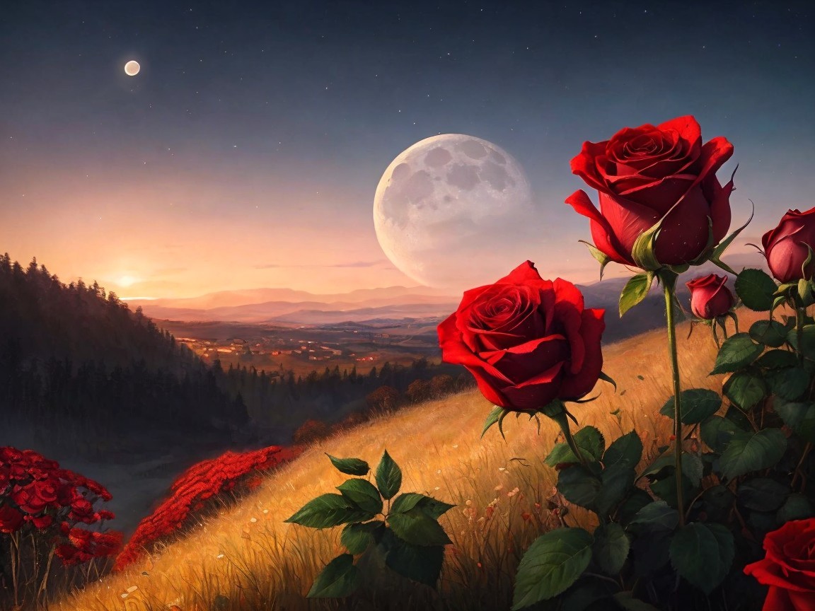 Vibrant Roses and Rolling Hills at Sunset