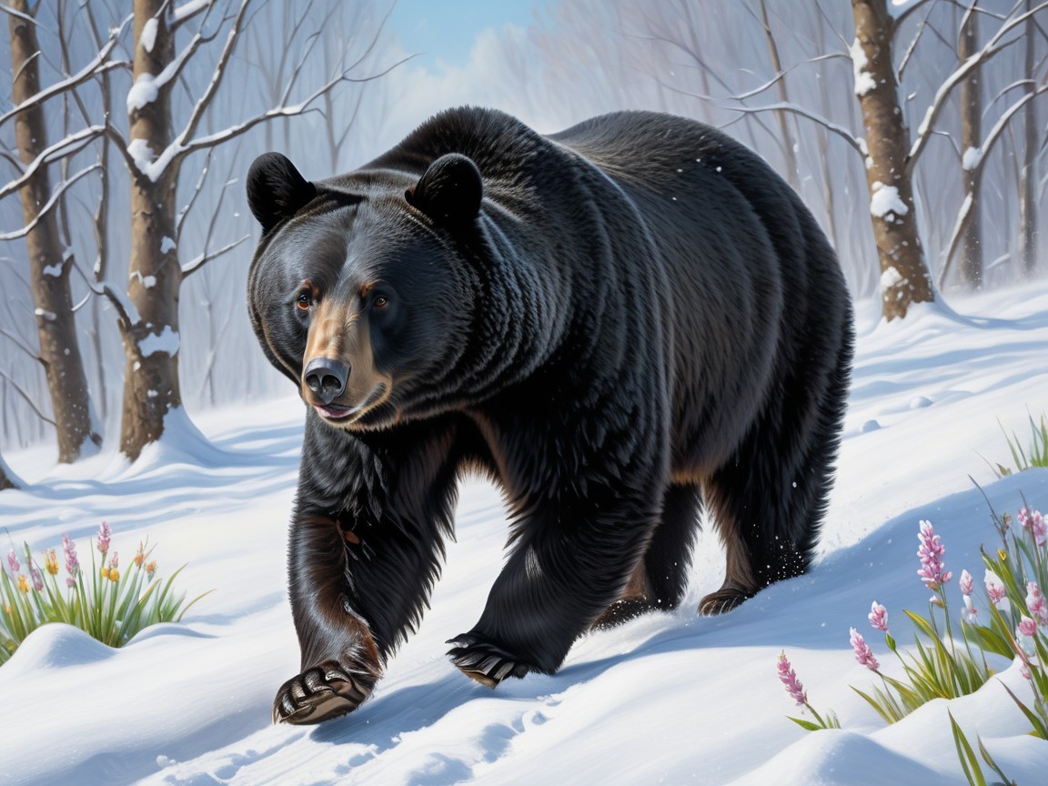Black bear in serene winter landscape with flowers