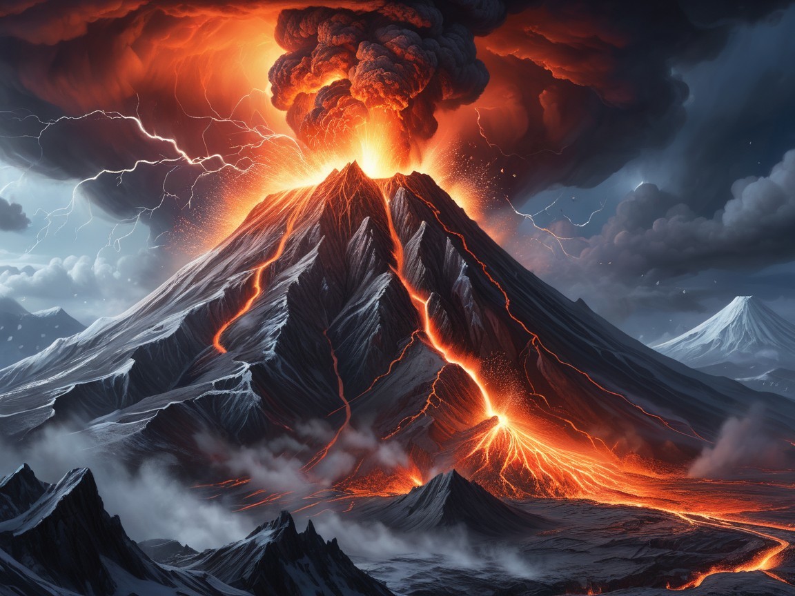 Dramatic Volcanic Eruption with Fiery Lava Flow