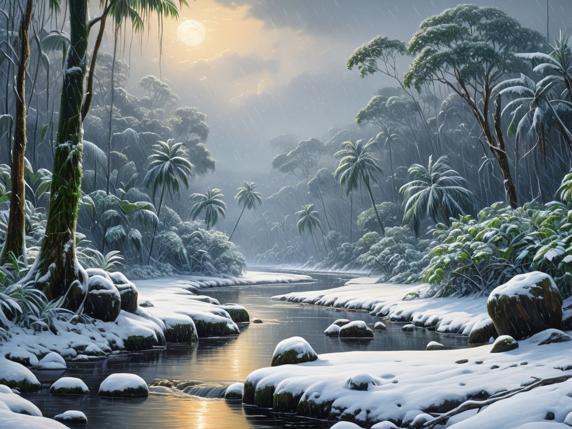 Serene Winter Landscape with Tropical River Scene