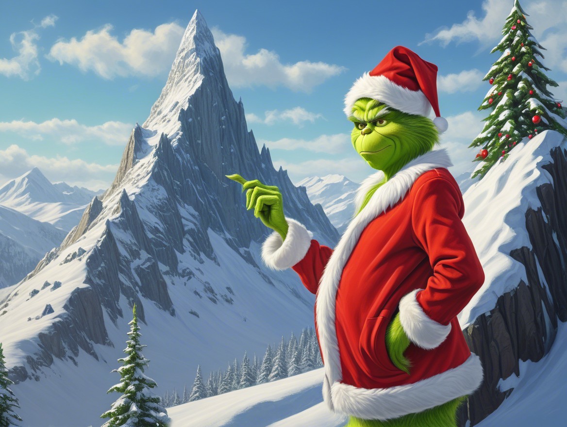 Grinch in Santa Suit on Snowy Mountain Peak