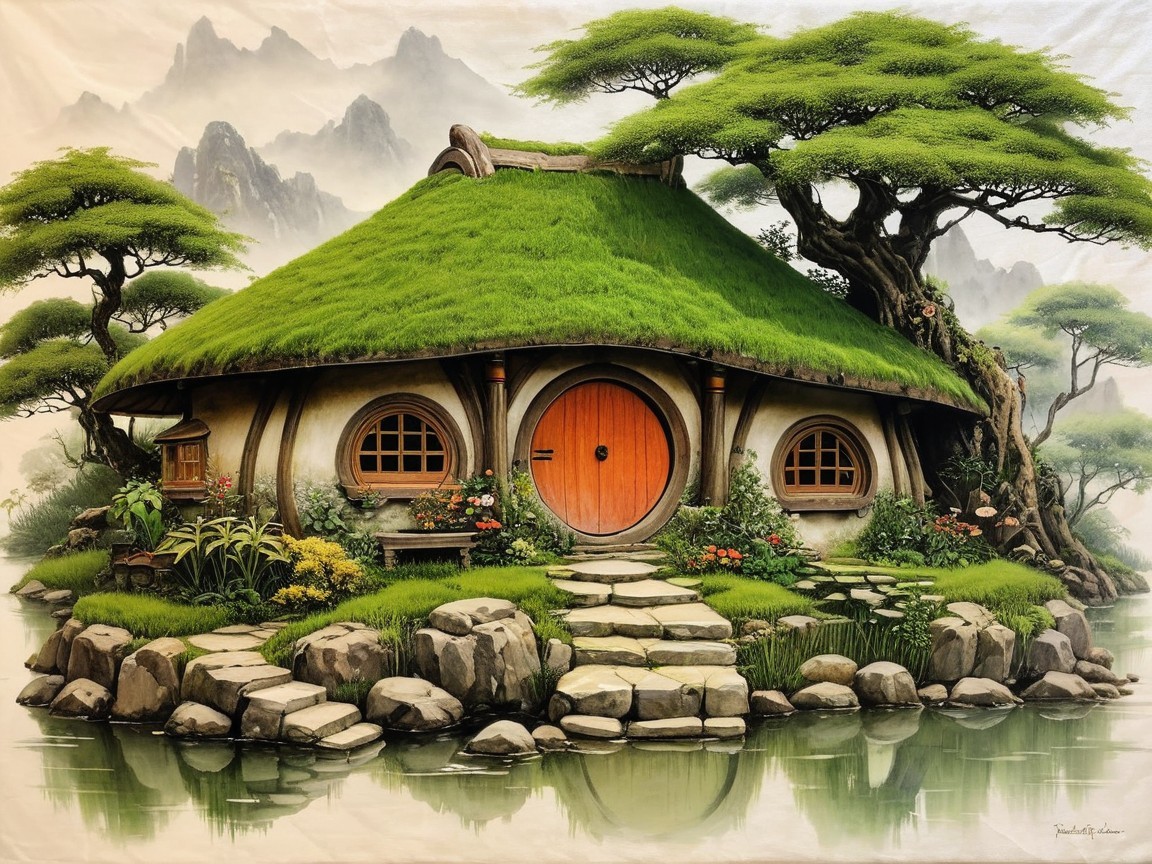 Whimsical Round House by Serene Pond and Mountains