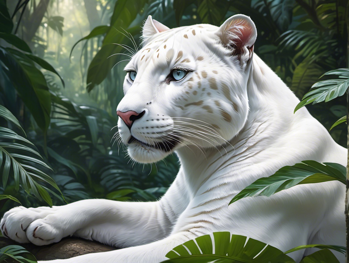 White Leopard in Lush Jungle with Striking Blue Eyes