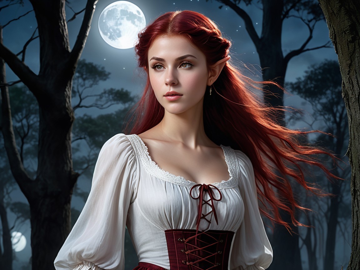 Young Woman in Moonlit Forest with Red Hair and Dress