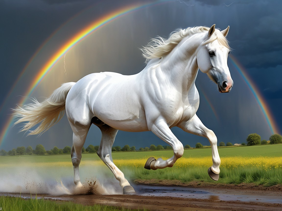 Majestic horse in green field under dramatic sky