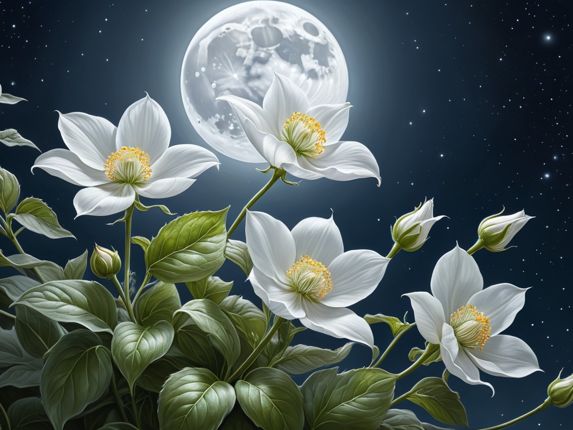 Moonlit White Flowers Against Starry Night Sky