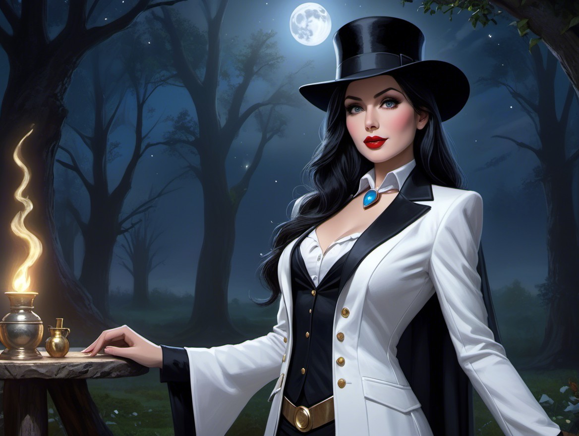Moonlit Forest Scene with Elegant Woman and Candlelight