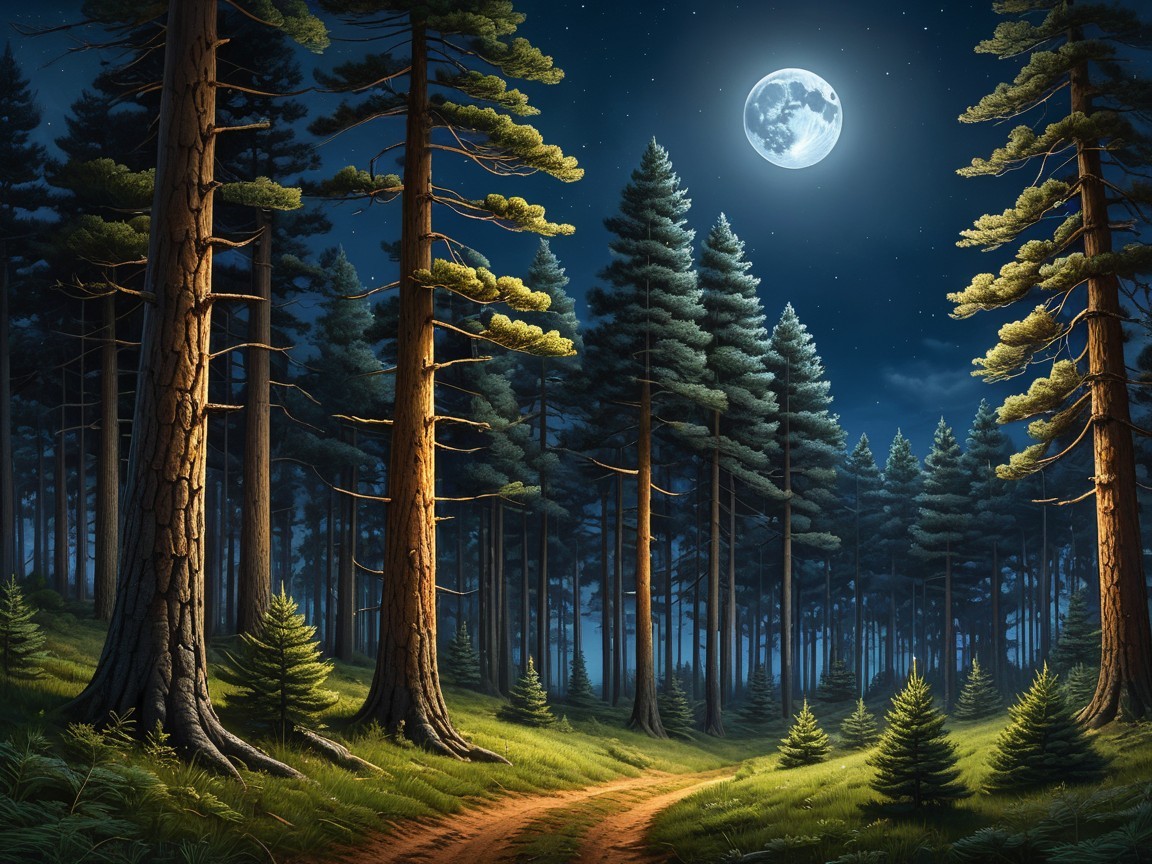 Serene Forest Scene Under a Glowing Full Moon
