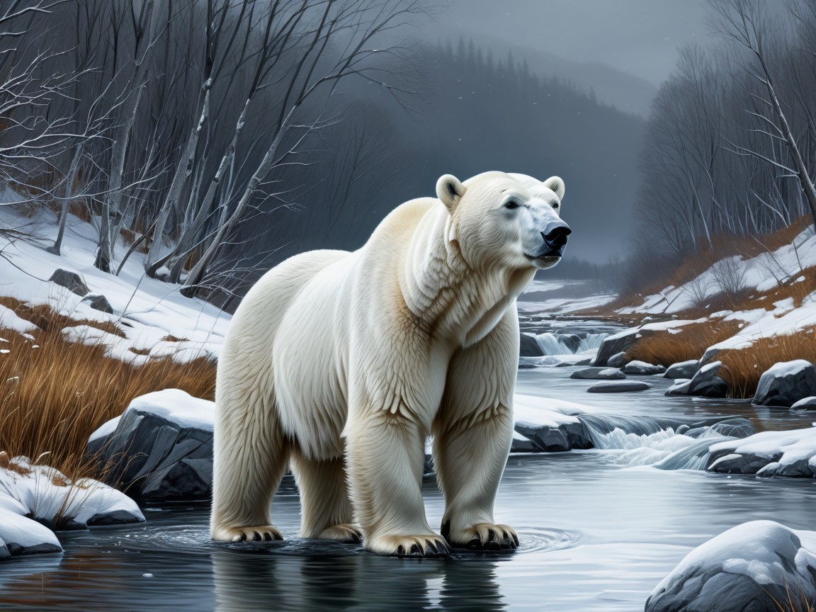 Polar Bear in Serene Winter Landscape by Stream