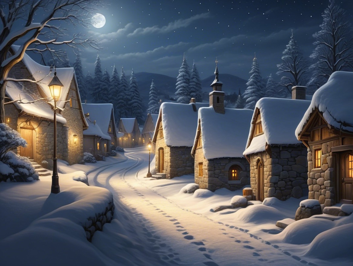 Moonlit Winter Village with Snowy Cottages and Trees