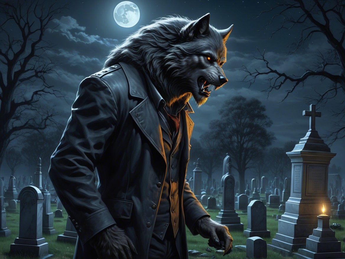 Menacing Werewolf in Moonlit Graveyard Scene