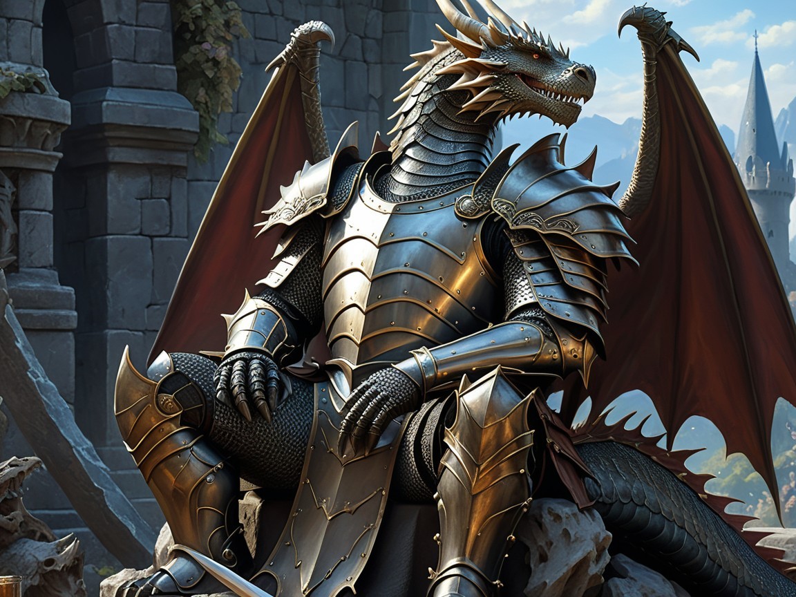 Majestic armored dragon on rocky throne with landscape