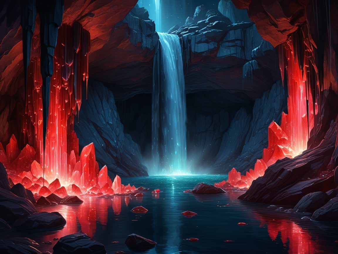 Underground cave with waterfall and glowing red crystals