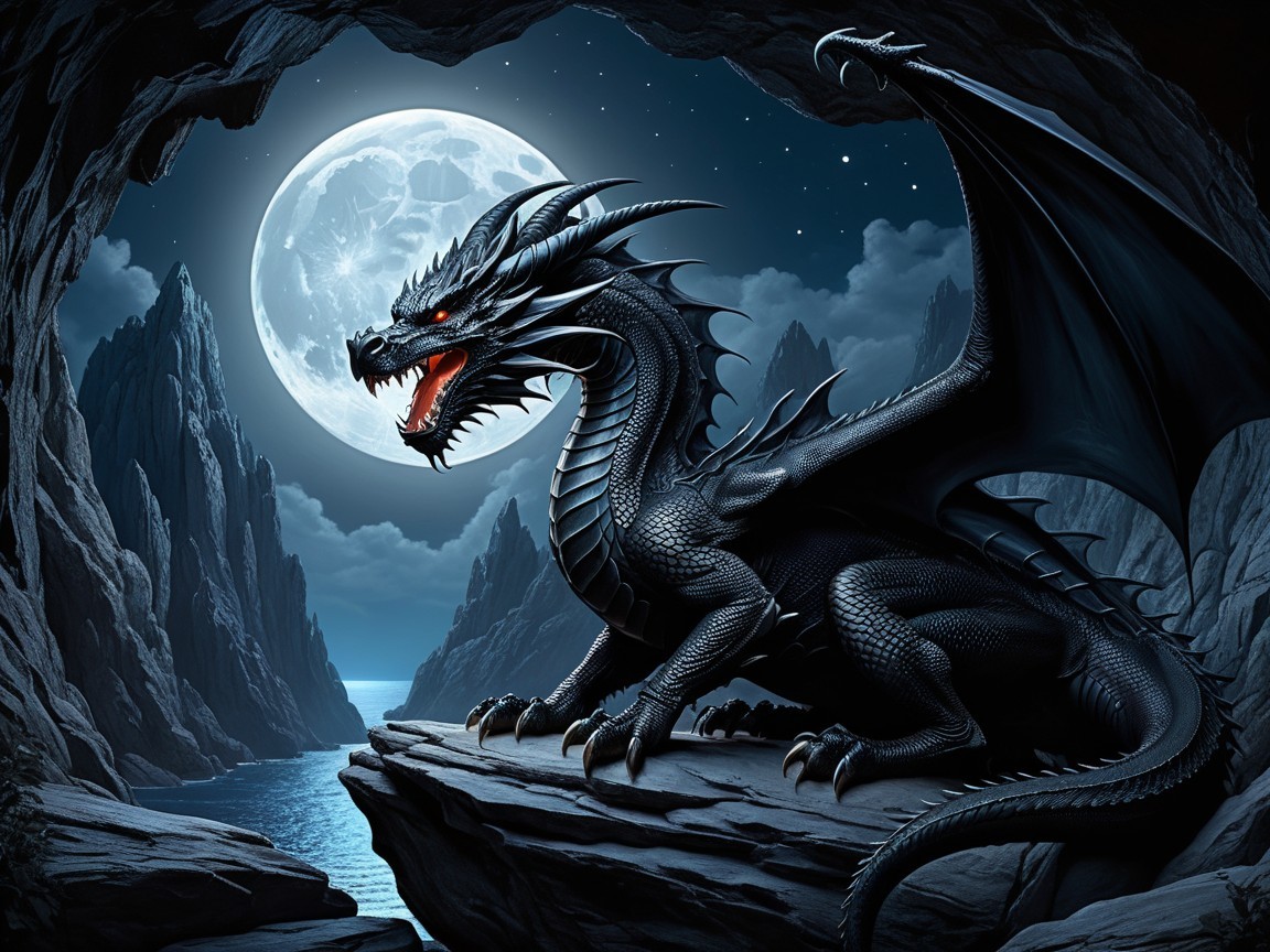 Black dragon on rocky outcrop in moonlit cave