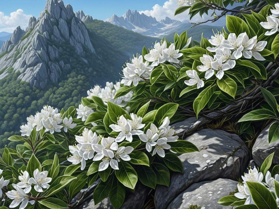 Vibrant White Flowers Against Rugged Mountain Landscape