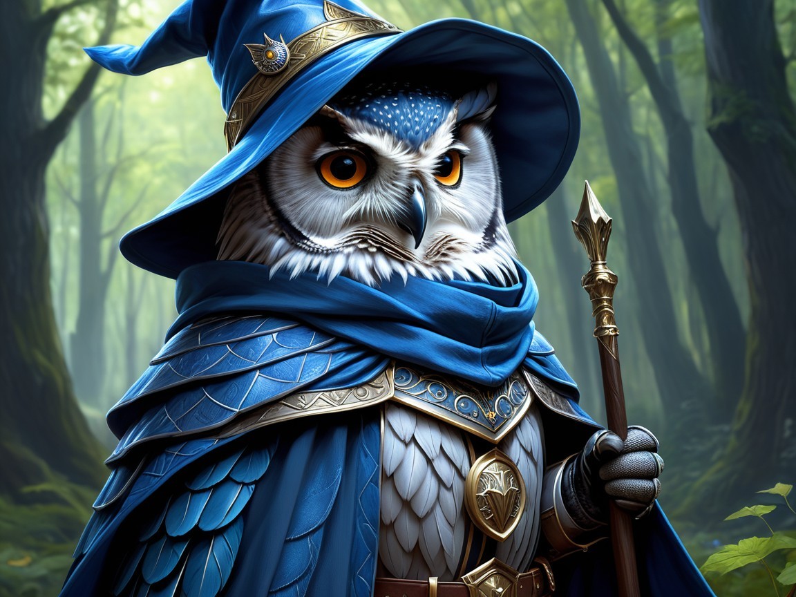 Majestic owl in wizard attire in enchanted forest