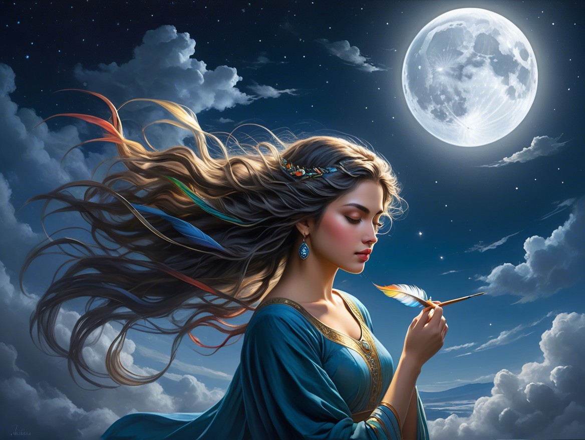 Ethereal Woman with Feather Under Full Moonlight