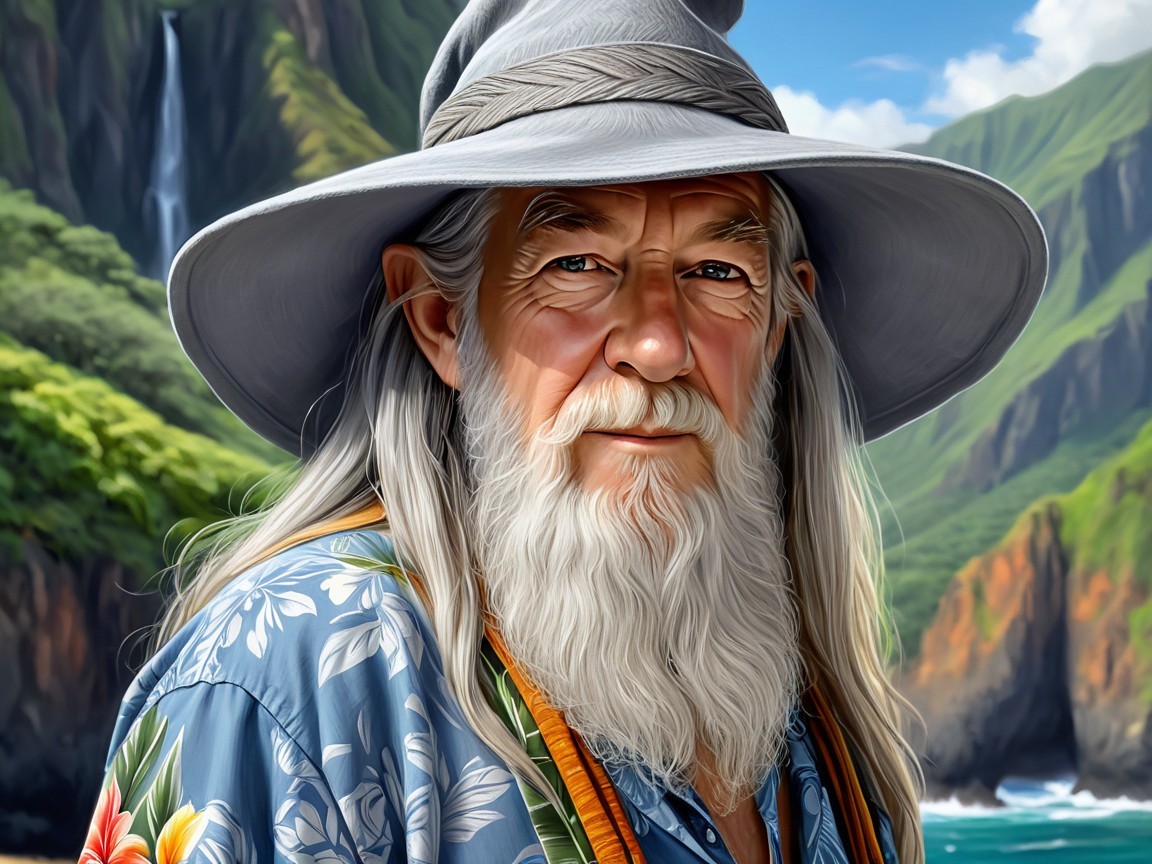 Elderly man in floral shirt against mountain landscape