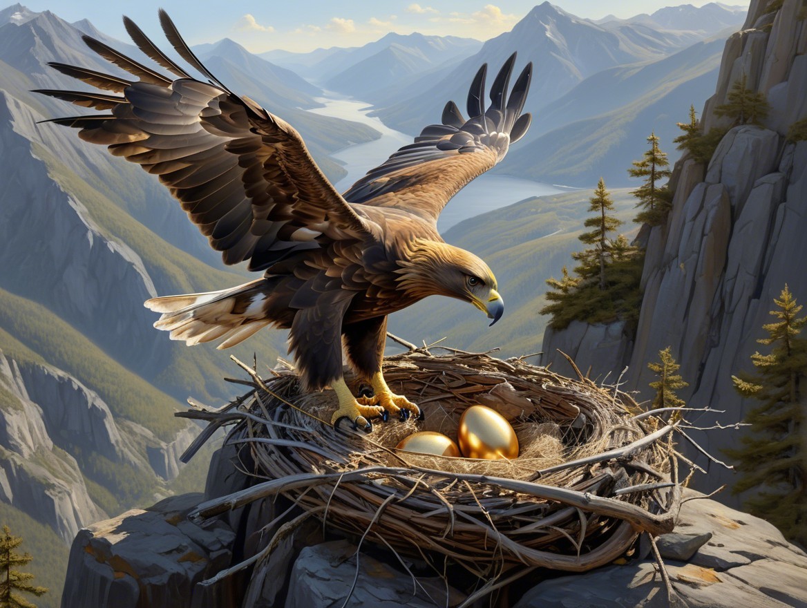 Golden eagle in nest on rocky cliff with eggs