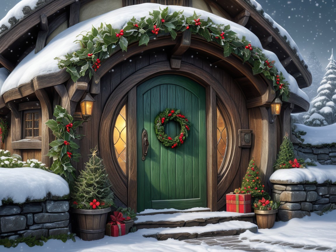 Cozy Hobbit Hole Decorated for Christmas in Snow