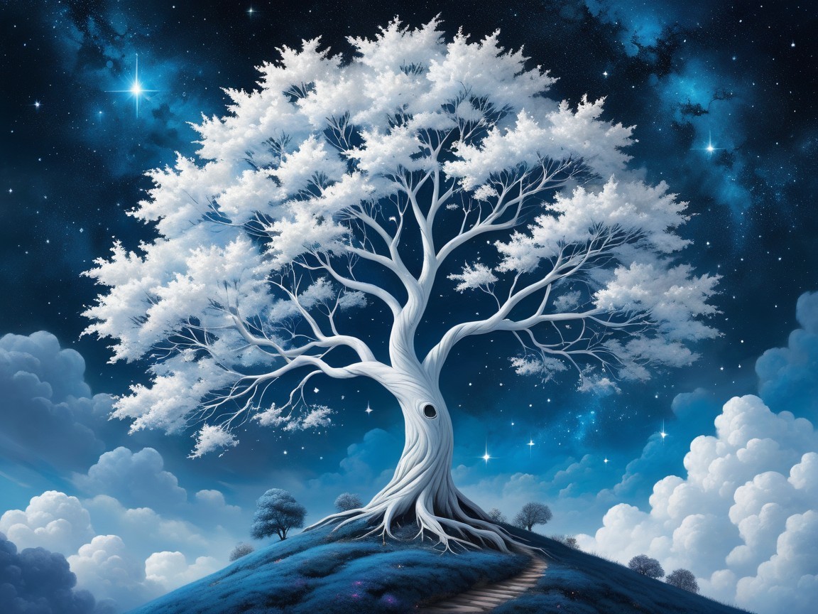 White Tree on Hill Under Cosmic Blue Sky