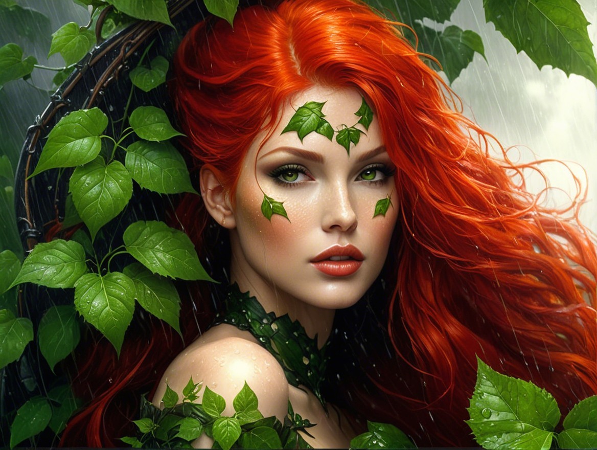 Woman with Red Hair and Ivy in Enchanted Forest