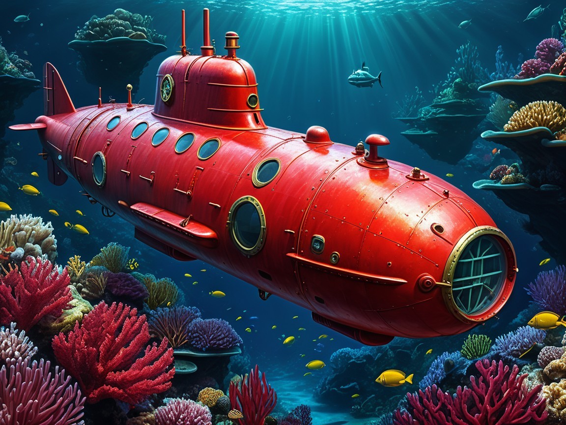 Bright Red Submarine in Colorful Underwater Scene