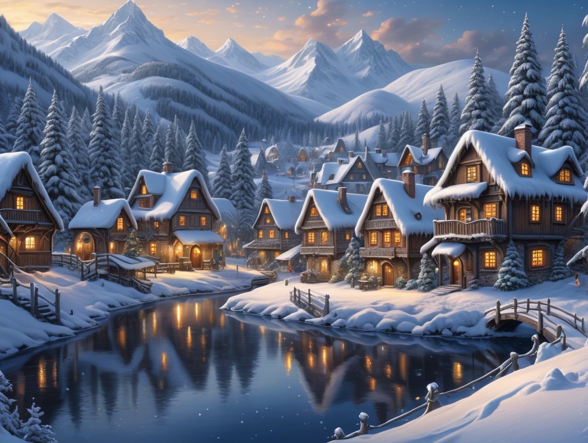 Winter Village with Snow-Covered Cottages and Peaks